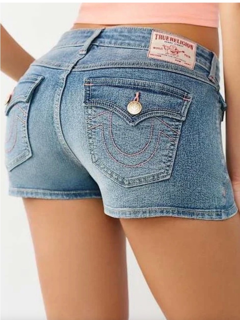 True Religion Jennie Mid Rise Flap Curvy Short ~ Medium Wash Size 27 Nwt